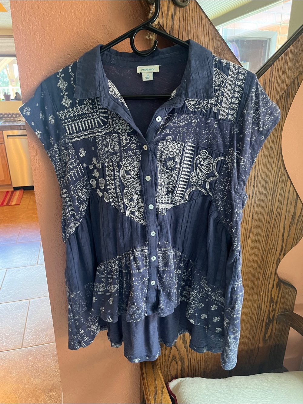 Sundance Navy and White Patchwork Print Button-Front Blouse